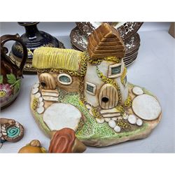 Sevres style vase and cover, the body of baluster form with scrolling gilt metal mounts printed with courting couple scene, together with copper lustre jug and quantity of Royal Worcester Palissy Game Series plates, quantity of Pendelfin figures etc, vase H44cm