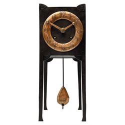 A German Arts and Crafts 'Gesamtkunstwerk' mantle clock c1890 in a square formed iron case with abalone incised triangles to each corner, case raised on four legs with inward facing feet,  convex copper chapter ring hand engraved with upright Arabic numerals, conforming copper hands in an individual style, with an eight-day spring driven rack striking movement manufactured by Lenzkirch, striking the hours and half hours on a bell, conforming steel pendulum with a hand-crafted faceted pear-shaped copper bob. With key.
Lenzkirch were one of the most prolific and respected German clock manufacturers of the 19th and early 20th century, it is highly probable that this movement was removed from another clock and incorporated into this artisan case when made at the end of the 19th century.