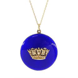 Early 20th century gold blue enamel pendant, with applied seed pearl Navel crown decoratio...