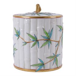 Royal Worcester Blush Ivory biscuit barrel and lid, in the form of bamboo with painted leaves and gilt highlights, H19cm 