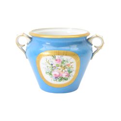 Sevres style part cabaret tea set, comprising teapot, twin handled sucrier, milk jug, and pair of tea cups, each with hand painted portrait reserves within gilt scrolling borders upon a bleu celeste ground, the teapot, sucrier and jug also detailed with hand painted floral sprays, each with spurious Sevres mark beneath, teapot H16.5cm