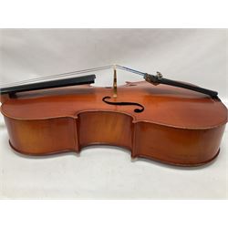 3/4 size cello with soft case, 69cm back length, 114cm full length, with bridge, ebonised tail piece and fingerboard.