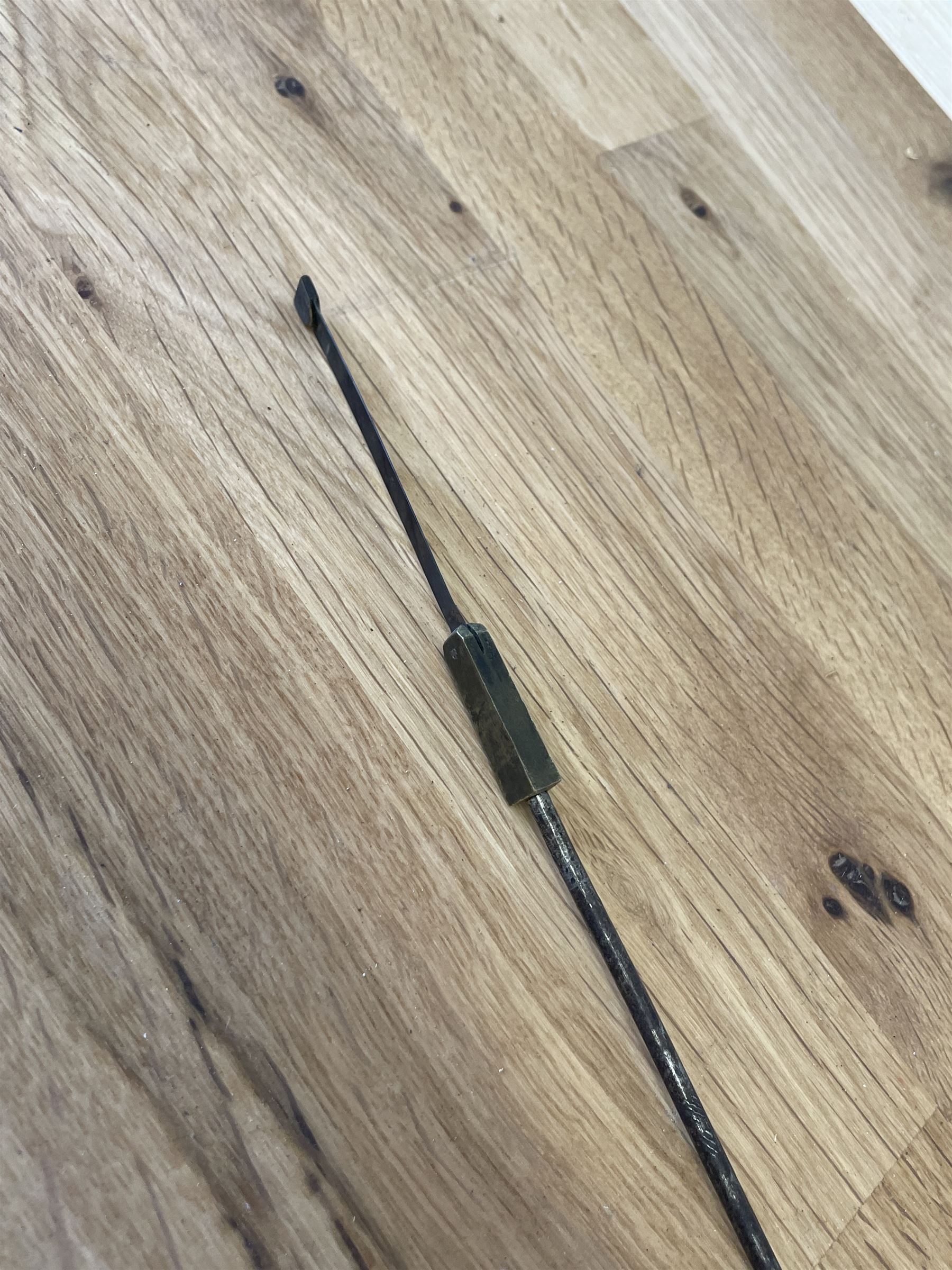 Thirty-hour oak cased longcase clock by  William Bancroft of Scarborough circa 1830, with a swan’s neck pediment, brass patera and three brass spire and ball finials, stepped break arch hood door flanked by plain pillars with brass capitals, trunk with a full length door and curved arch top, on a plain square plinth with bracket feet, painted break arch dial with roman numerals and quarter hour Arabic’s, date recorder (anti clockwise) and matching brass hands, arch painted with a rural scene depicting a ruined tower and cottage with depictions of flowers to the spandrels, dial pinned directly to a chain driven countwheel striking movement, striking the hours on a bell. With weight and pendulum. The Bancroft family were prodigious Scarborough clockmakers during the 18th and 19th century, William Bancroft is recorded as working in Newborough Street from 1820 onwards. 


