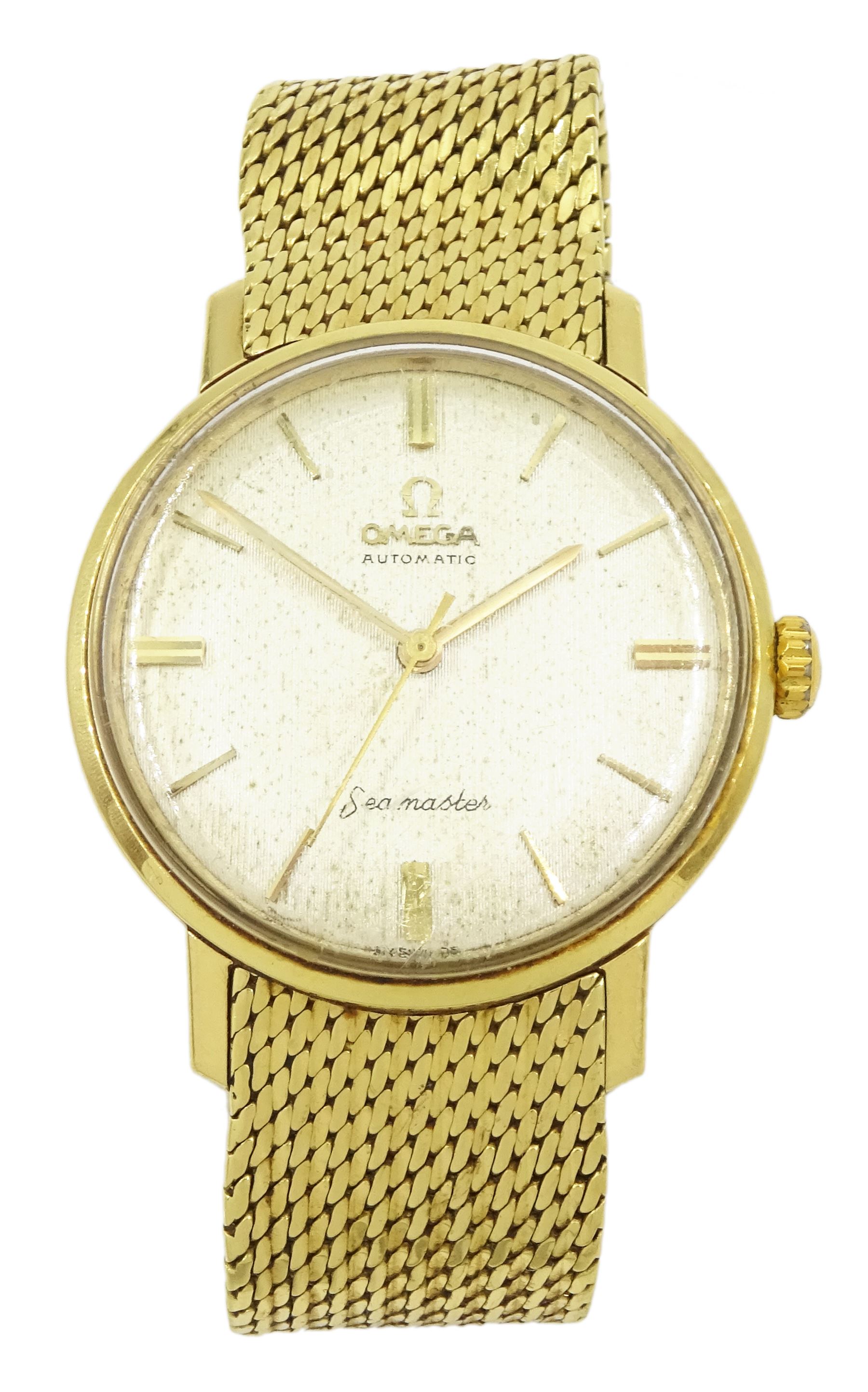 Omega Seamaster gentleman's 18ct gold automatic wristwatch, silvered dial with baton hour markers, on 18ct gold bracelet, with Omega clasp, London 1964