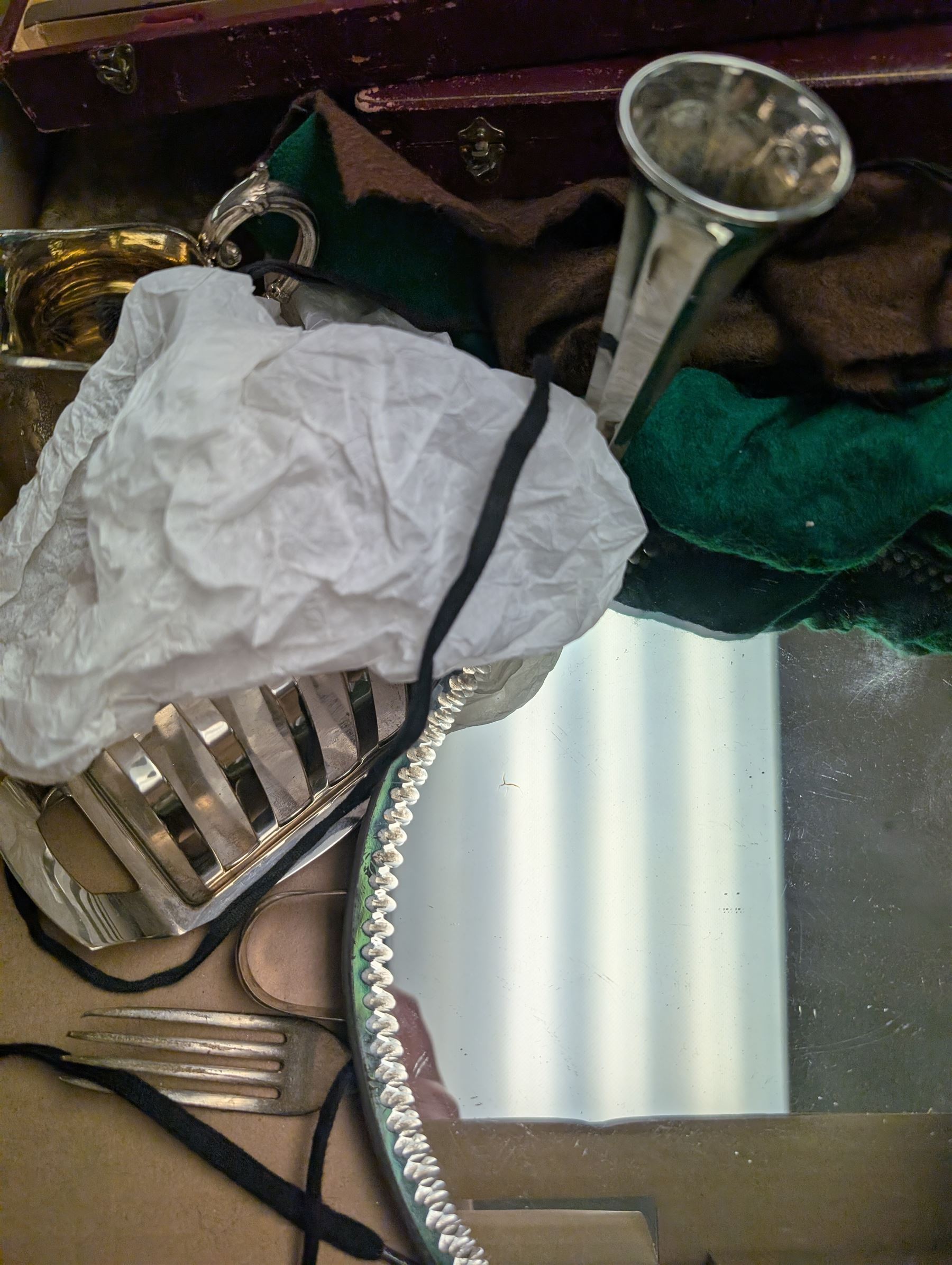 Collection of silver plated items and glassware, including cased cutlery, carnival glass, decanters, teapot, trays, etc