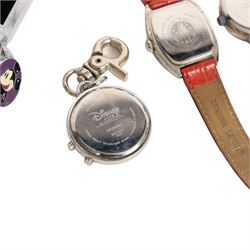 Six Disney Mickey/Minnie Mouse watches, two Mickey Mouse ring watches and a clip on stop watch