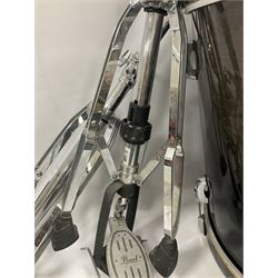 Pearl Vision SST Birch Ply shell four-piece drum kit in black comprising bass drum with foot pedal and three graduated toms; together with Pearl Custom Alloy Sensitone steel snare drum, drum and cymbal stands, microphone stand, stool and various drum sticks 