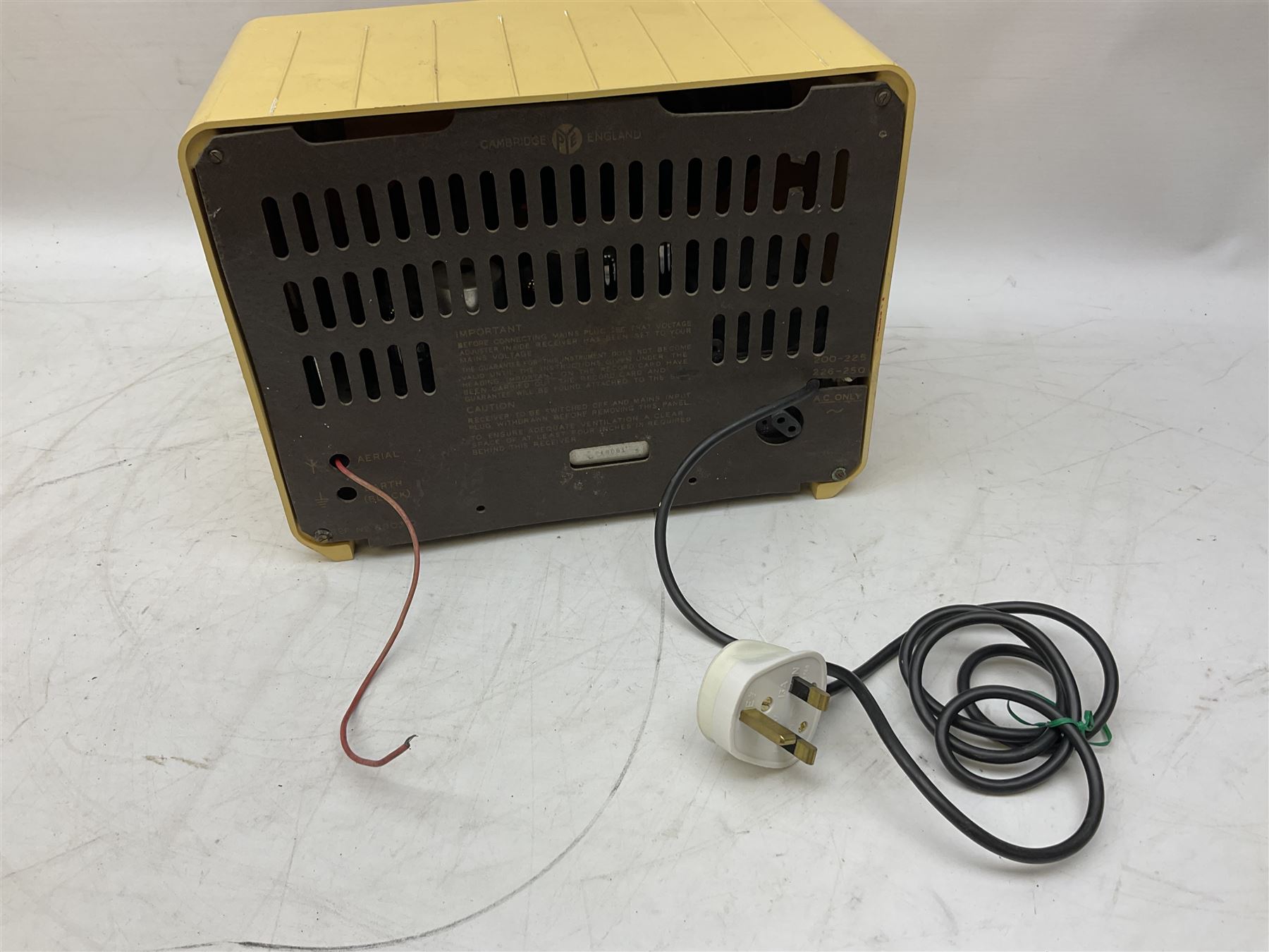 1950s Pye Type P43 cabinet radio in cream Bakelite case with orange knobs, W30cm H22cm D16cm, together with Ever Ready Sky Queen portable radio, Ekco portable radio in red case, Boxed Bush Special Edition 2002 Queens Golden Jubilee radio, Hacker Herald VHS radio (5)