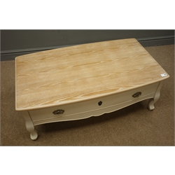  French style coffee table, oak top, painted finish, two bow front drawers either side, shaped apron, cabriole legs, W104cm, H41cm, D61cm  