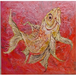 Ann Lamb (British 1955-): Coy Carp, mixed media on canvas signed 58.5cm x 57cm unframed  
