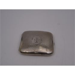Edwardian silver cigarette case, of rectangular form with engine turned decoration throughout and engraved cartouche to front cover, hallmarked Colen Hewer Cheshire, Chester 1906, H8.6cm