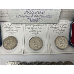 Queen Elizabeth II 1977 silver crown and 1980 silver crown, both cased with certificates, Bailiwick of Guernsey 1978 silver crown cased without certificate, three United Kingdom brilliant uncirculated five pound coins in card folders and twelve other five pound coins