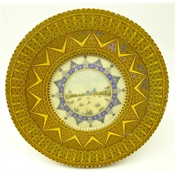  Persian School, early 20th century, game of polo within an intricate blue & gilded border on simulated ivory ground within inlaid circular frame, D40.5cm   