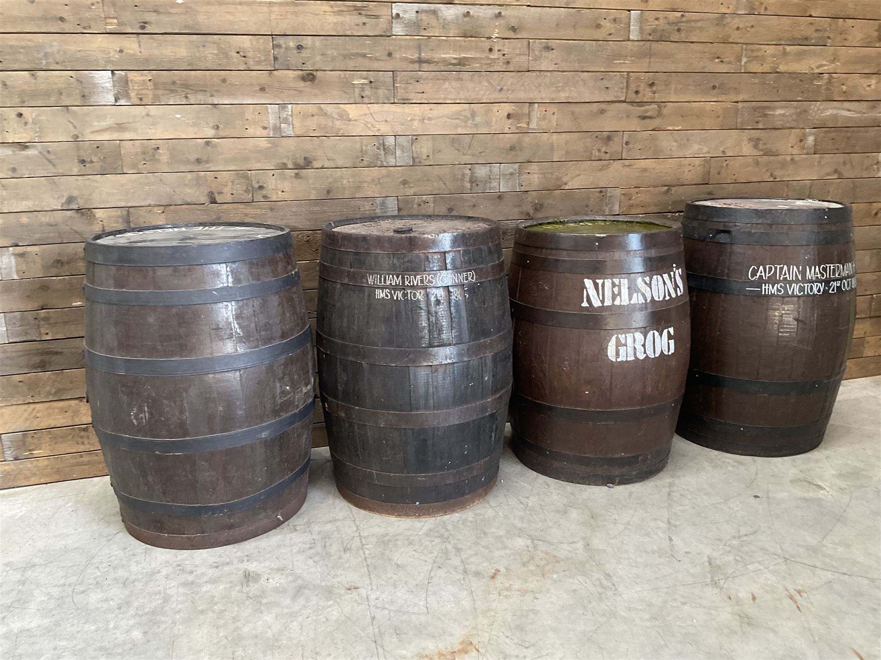 Four coopered barrel pub tables 