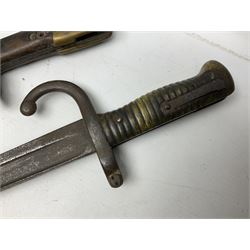 Five 19th century bayonets in relic condition without scabbards comprising British Pattern 1876 socket bayonet with Indian markings; French Model 1874 epee bayonet; and three French Model 1866 sabre bayonets (5)