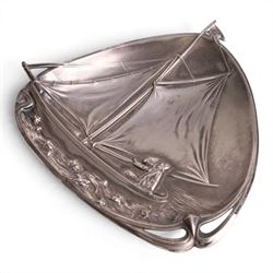 WMF Jugendstil Visiting card tray, No.264, decorated with a sailboat, H18cm, W21cm