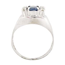 18ct white gold oval cut sapphire and four stone, round brilliant cut diamond ring, hallmarked, sapphire approx 0.60 carat
