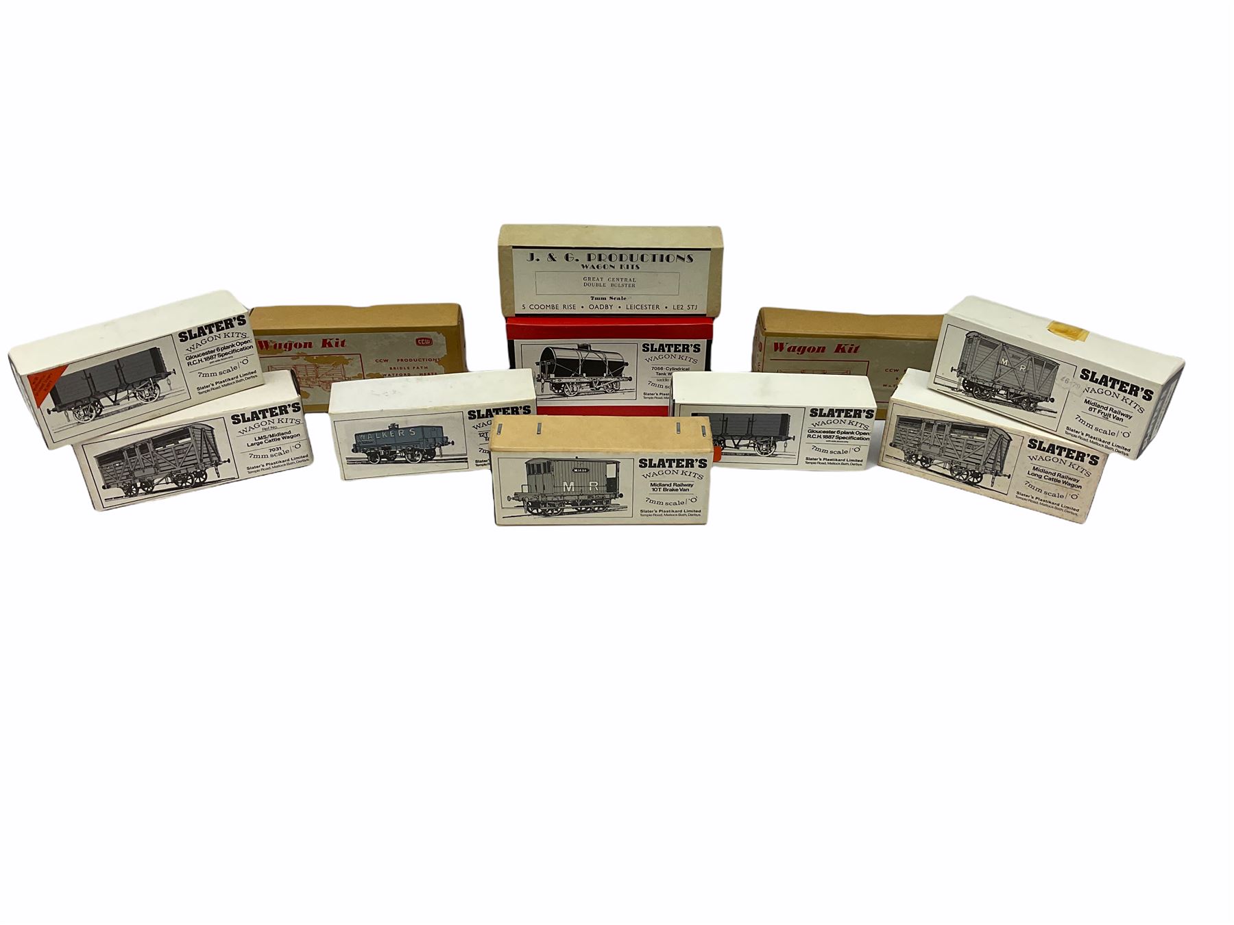 '0' gauge - Twelve unmade railway wagon kits by Slaters, J. & G. Productions, C. & U. Castings and CCW Productions including brake vans, cattle trucks, fruit van, tank wagons, open wagons etc; predominantly plastic but some die-cast; all but one boxed (12)