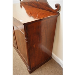  Early 19th century figured mahogany chiffonier sideboard, raised swan neck back, two drawers above two cupboards enclosing two shelves, plinth base, W122cm, H127cm, D55cm  