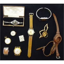 Early 20th century Swiss 18ct gold fob watch hallmarked, 9ct gold ladies wristwatch, hallmarked, on gold expanding strap stamped 9ct metal fittings and six other wristwatches including Sindaco, Poljot, Pierce, Timex Siro and Reef and two leather fob watch wrist straps (10)