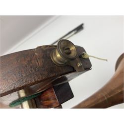 Fruitwood and elm single string phono fiddle with long neck and copper horn L76cm; and a violin bow (2)
