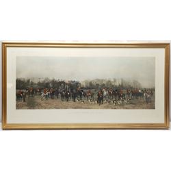 After Heywood Hardy (British 1842-1933): 'A Lawn Meet at Aske', hand-coloured lithograph 46cm x 103cm, together with a key to the riders depicted 9cm x 30cm (2)