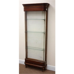  Edwardian chemists display cabinet, curved glass front door enclosing three glazed shelves, cabriole supports, W65cm, H164cm, D21cm  