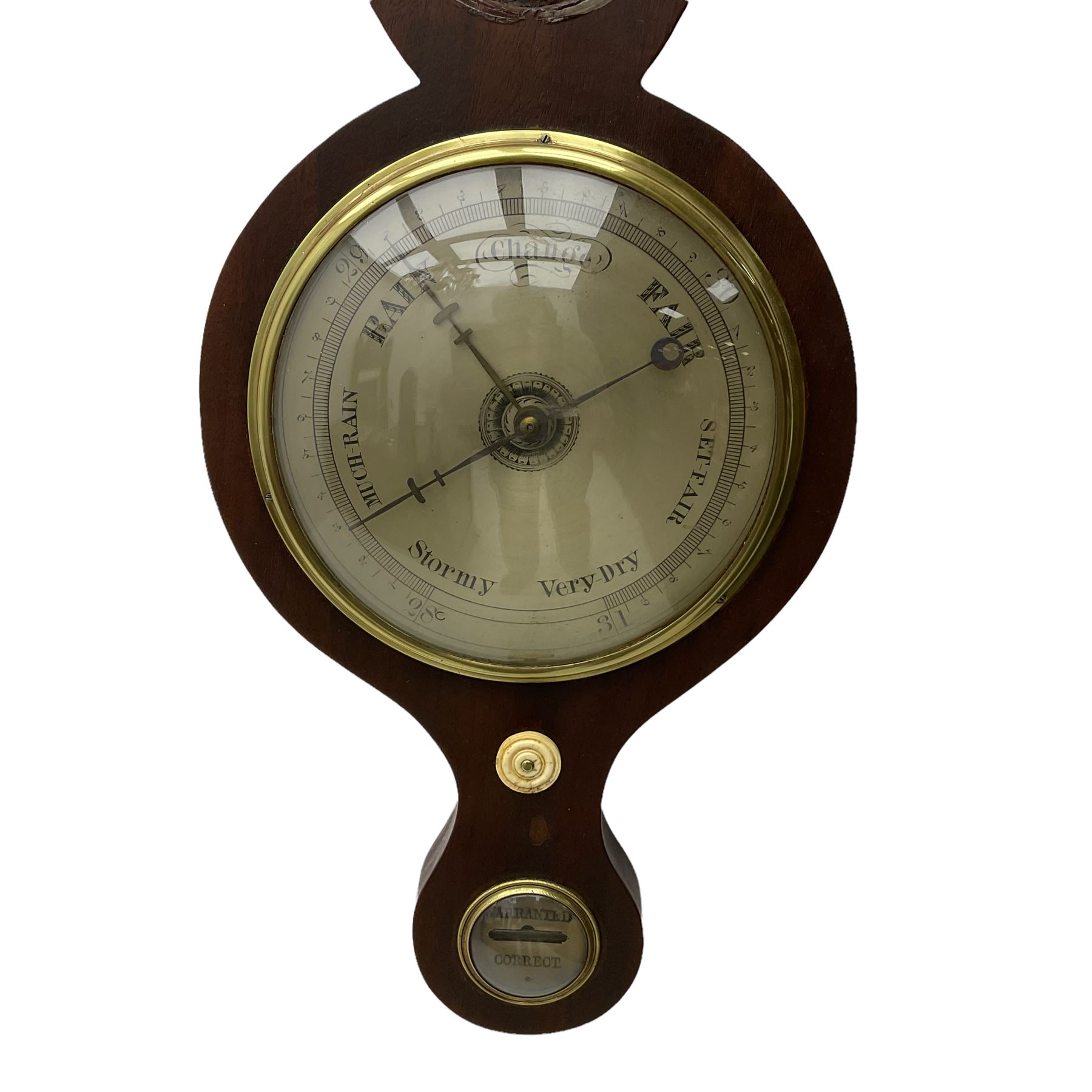 A Victorian mahogany wheel barometer with a mercury cistern, c1880, with a flat top and rounded base, 8” silvered dial with weather predictions, steel indicating hand and brass recording hand, short spirit thermometer, butlers mirror (missing), hygrometer and spirit level.

