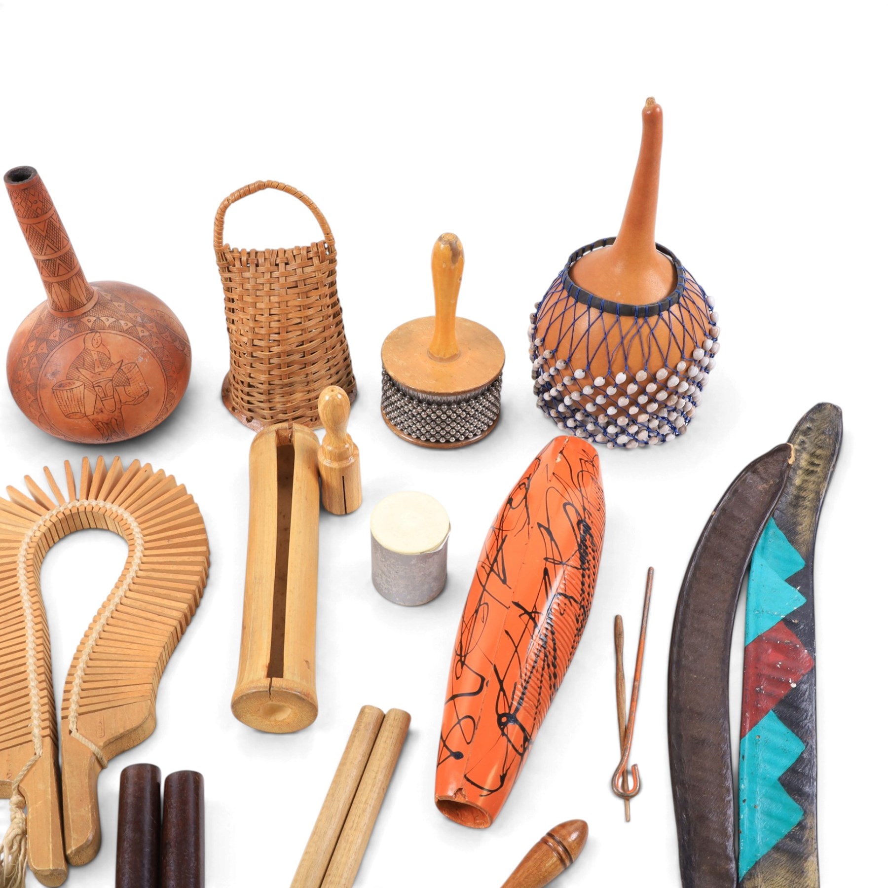 Collection of percussion instruments, including pair of metal maracas, cabasa, shekere, gourd maraca, guiro, wooden maracas, plastic castanets, etc