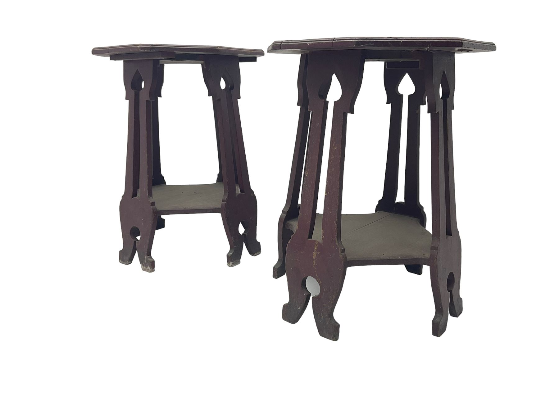 Pair Arts & Crafts period side tables, octagonal moulded top, on four supports with pierced decoration terminating at splayed feet, the supports joined by octagonal undertier, with label 'Palliser's Wolverhampton'