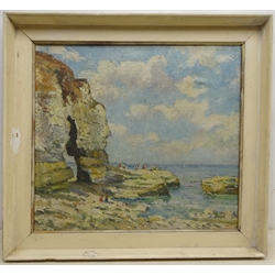  Ken Johnson (British 20th century): Figures on Thornwick Bay, oil on canvas signed, Rural Landscape painted on the reverse 49cm x 54cm  