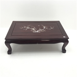  Chinese rosewood rectangular coffee table with mother of pearl inlay, cabriole legs on ball and claw feet, W125cm, H42cm, D80cm  