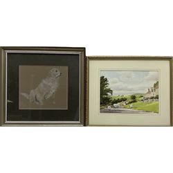 Geoffrey H Douthwaite (British 20th century): 'A Moorland Village', watercolour signed, titled verso together with English School (20th century): Golden Retriever, chalk on paper unsigned max 25cm x 34cm