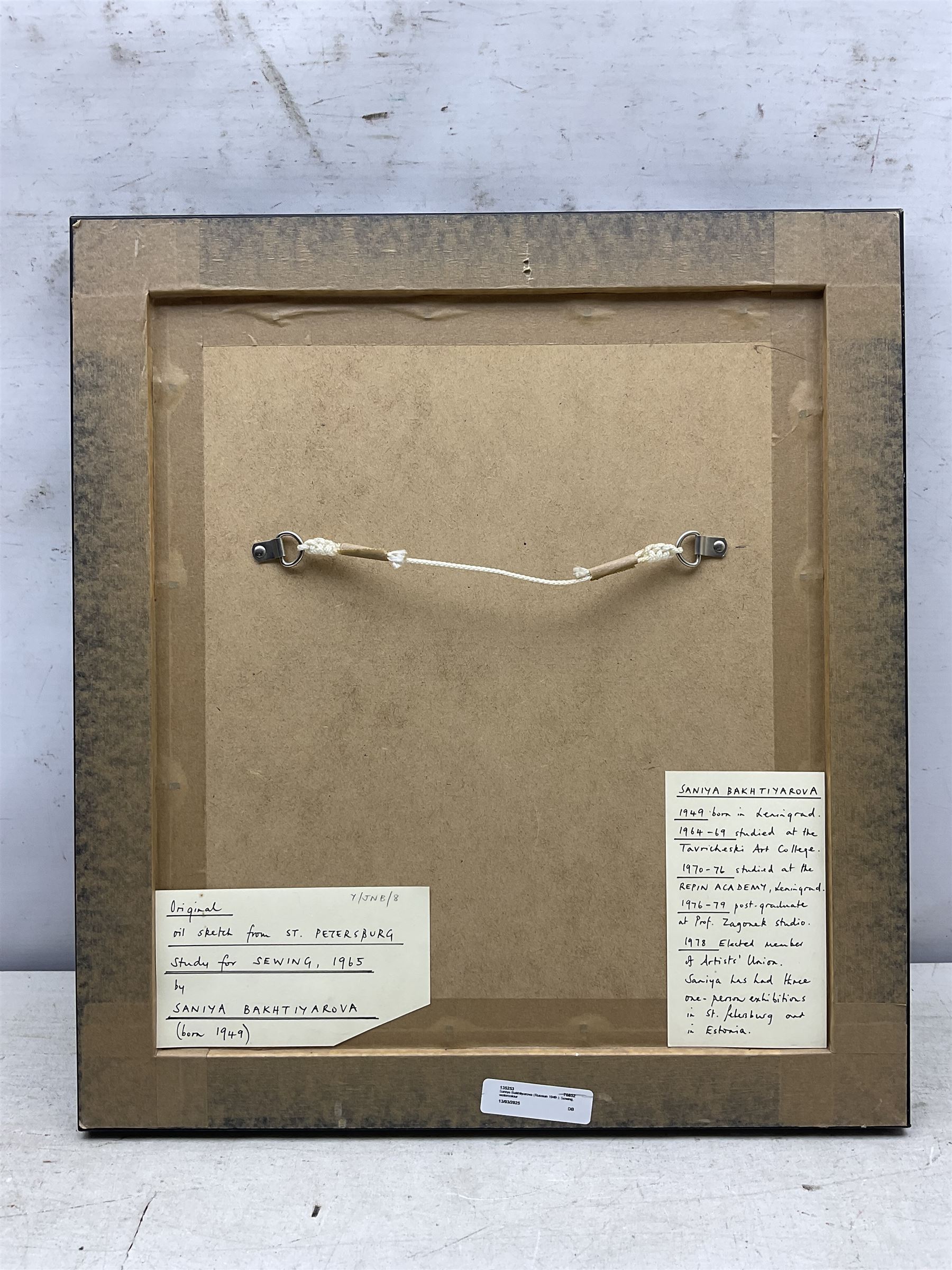 Saniya Bakhtiyarova (Russian 1949-): Sewing - Interior Scene, oil on paper signed, titled on label verso 15cm x 12.5cm 