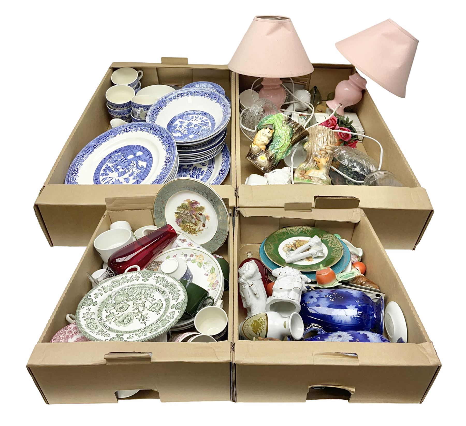 Shelley Maytime pattern sauce boat and saucer, Hornsea vases, blue and white Willow pattern dinner wares and a collection of other ceramics and glassware, in four boxes 