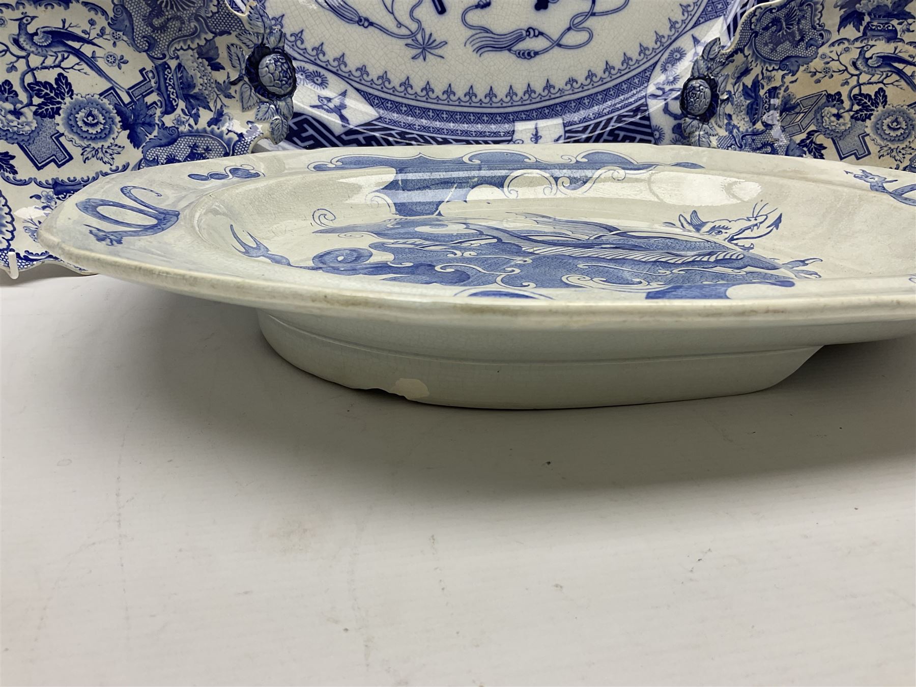 Minton Bombay pattern platter, together with Mason's meat platter, decorated with mythical beast, and two Cauldron Place Opaque China dishes 