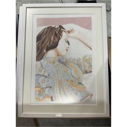 Collection of pictures, to include Victoria Woodward (British Contemporary): Female Portraits, three coloured pencil and watercolour respectively signed; English School (21st Century): Whimsical Animals, four acrylic on canvas board signed, and photographic print of an Eagle, max 50cm x 40cm (8)