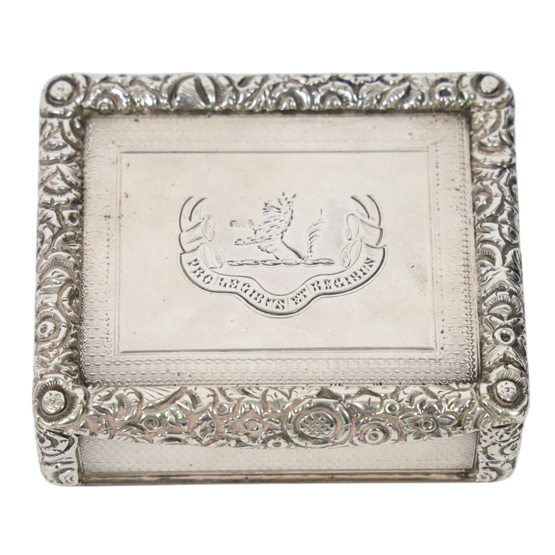 Rare Victorian silver provincial snuff box, of rounded rectangular form, the hinged cover with central engraved crest above motto 