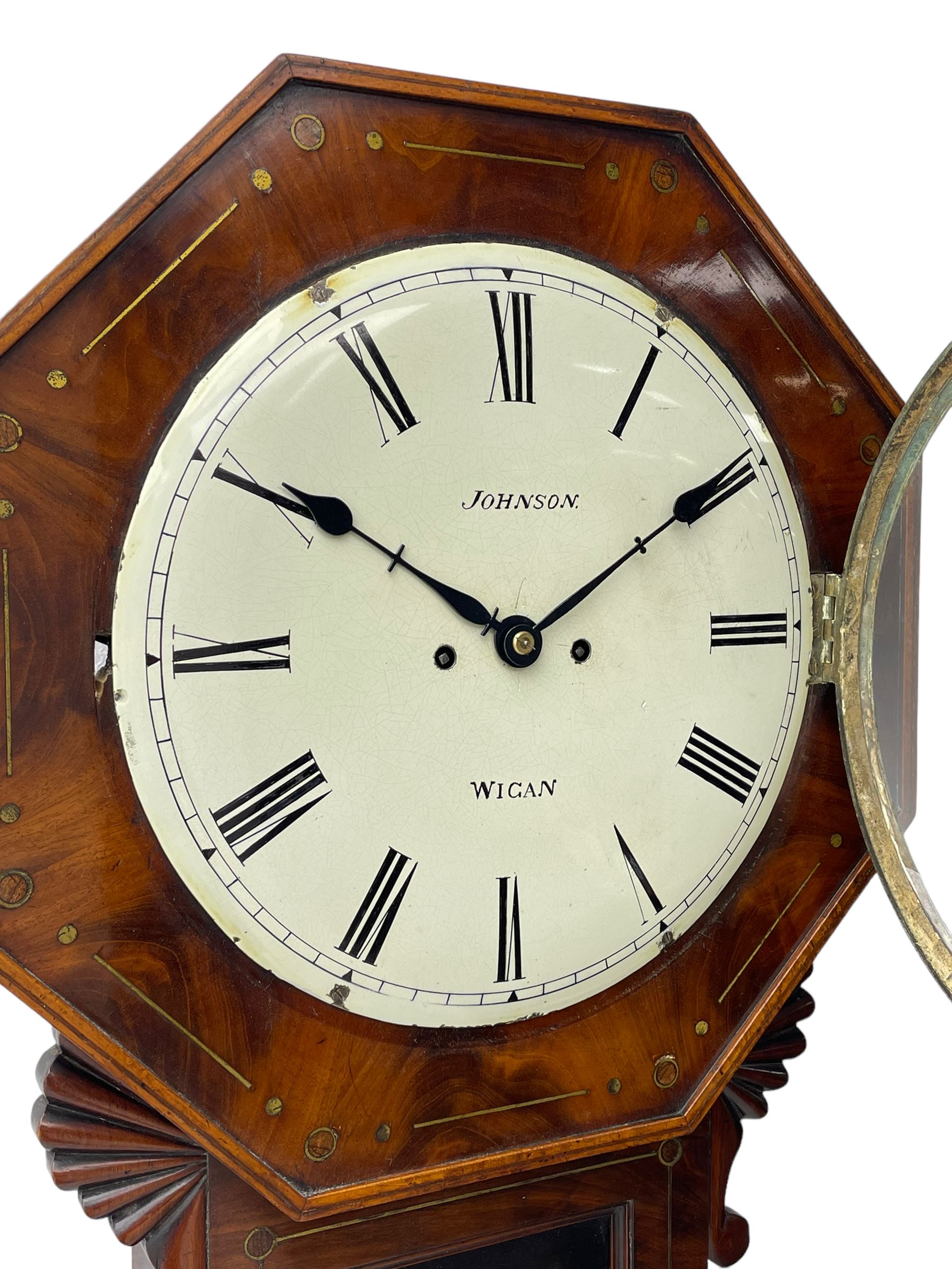 Charles Johnson of Wigan - mid-19th century twin fusee mahogany drop-dial wall clock, with an octagonal dial surround with brass inlay, carved fan ears to the glazed box with pendulum adjustment door, 12