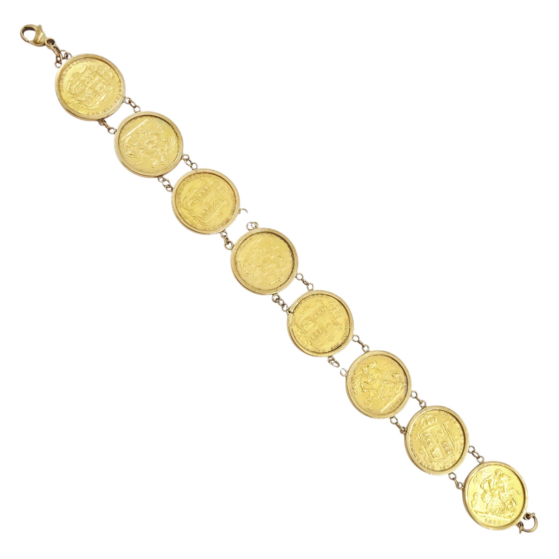 Queen Victoria gold half sovereign bracelet, four shield back half sovereign's dated 1887, two dated 1892 and one other 1890 and four other half gold sovereigns dated 1898 and 1897, all loose mounted in later 9ct gold bracelet