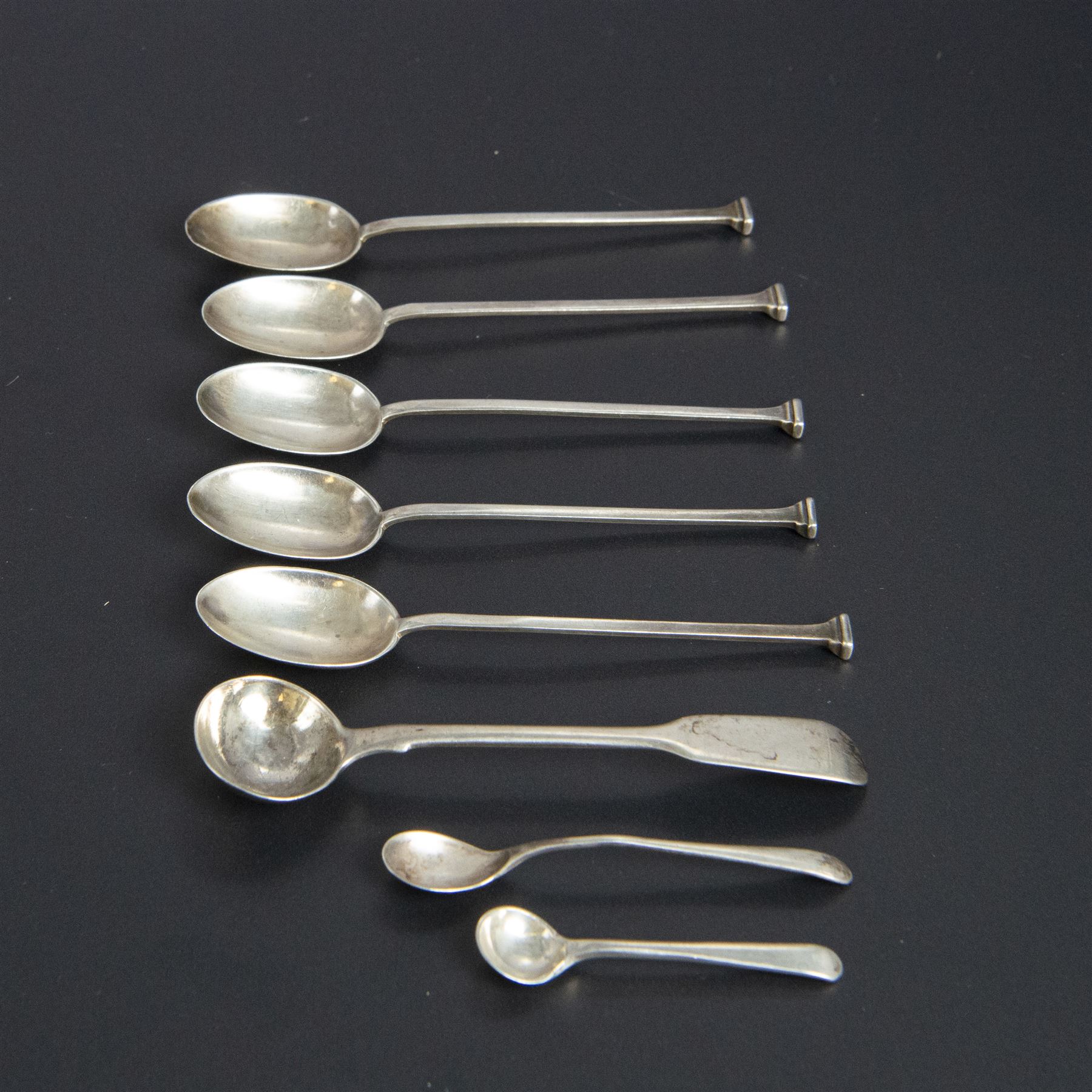 Five silver napkin rings, including pair of 1930s oval examples, with engine turned decoration with engraved initial, together with a collection of silver flatware, including Norwegian spoon, pair of Fiddle pattern mustard spoons, five seal top coffee spoons, etc, all stamped or hallmarked