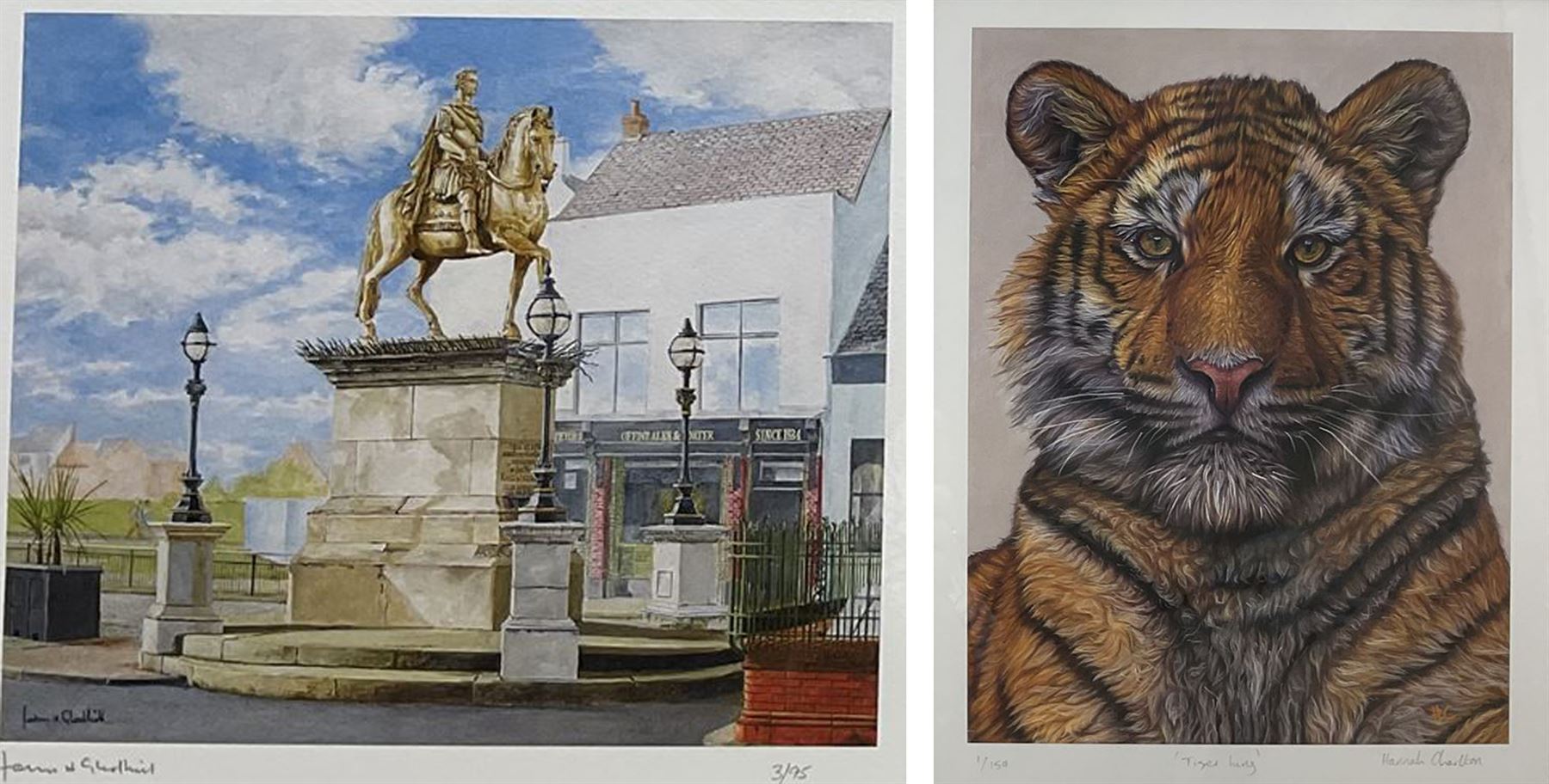 John Gledhill (British Contemporary): 'King Billy' - King William III Statue Hull, limited edition print signed and numbered 3/95 in pencil 20cm x 23cm; Hannah Charlton (British Contemporary): 'Tiger King', limited edition print signed titled and numbered 1/150 in pencil 23cm x 30cm (2)