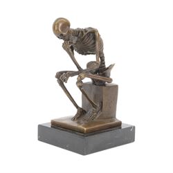 Bronze figure of skeleton modelled as The Thinker, on black marble base, signed and with foundry mark, H14cm