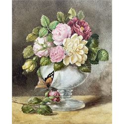English School (19th/20th century): Still Life of Roses in a Vase with Butterfly, watercolour unsigned 27cm x 22cm