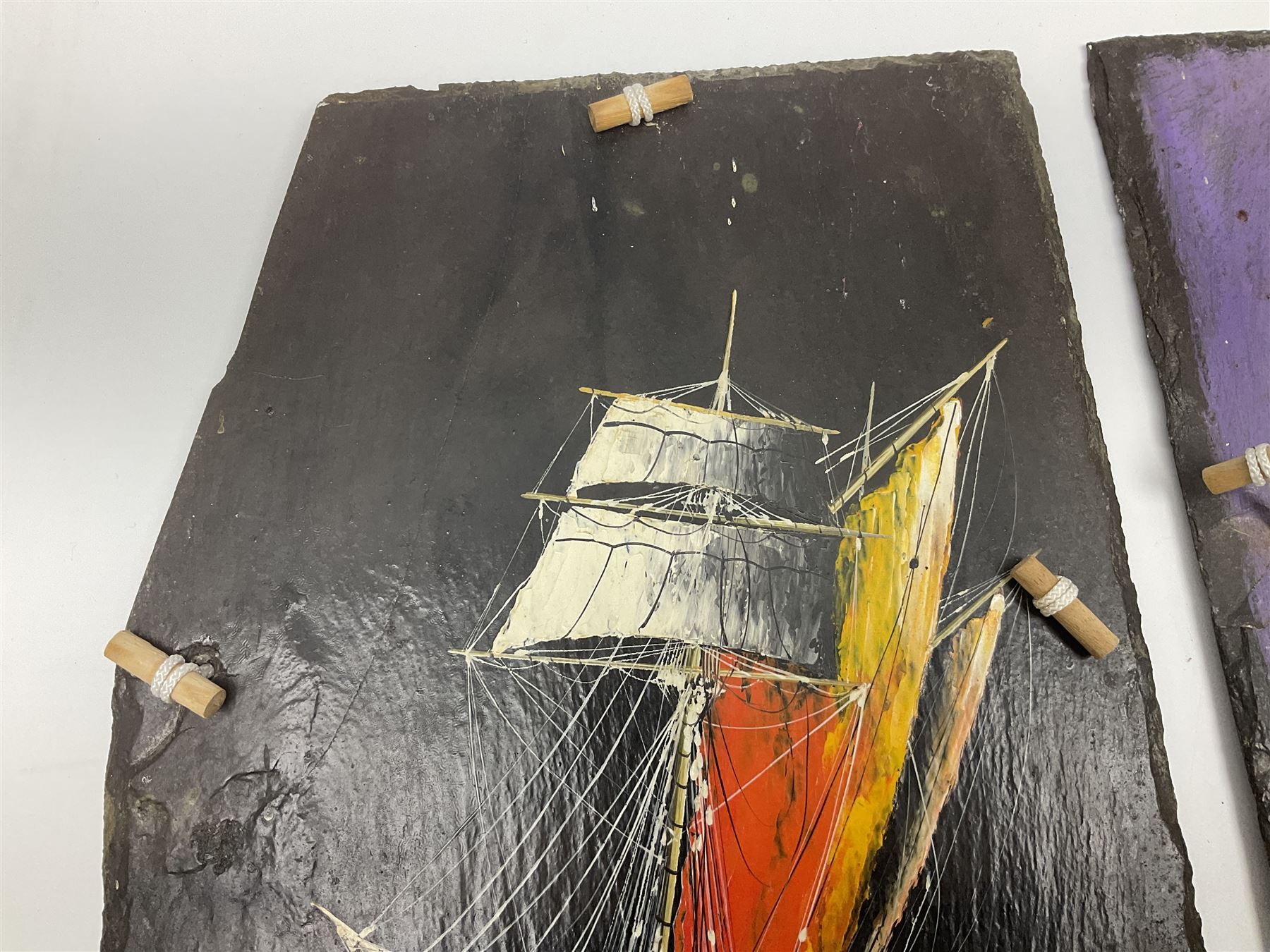 Michael J Whitehand (British 1941-): Three oil paintings of ships on slate signed, largest H40cm, L75cm