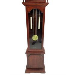 Late 20th century - Mahogany cased spring driven longcase clock, with an etched brass and silvered dial and pierced steel hands, fully glazed trunk door with visible pendulum and dummy weights, striking the hours and half hours on a gong.