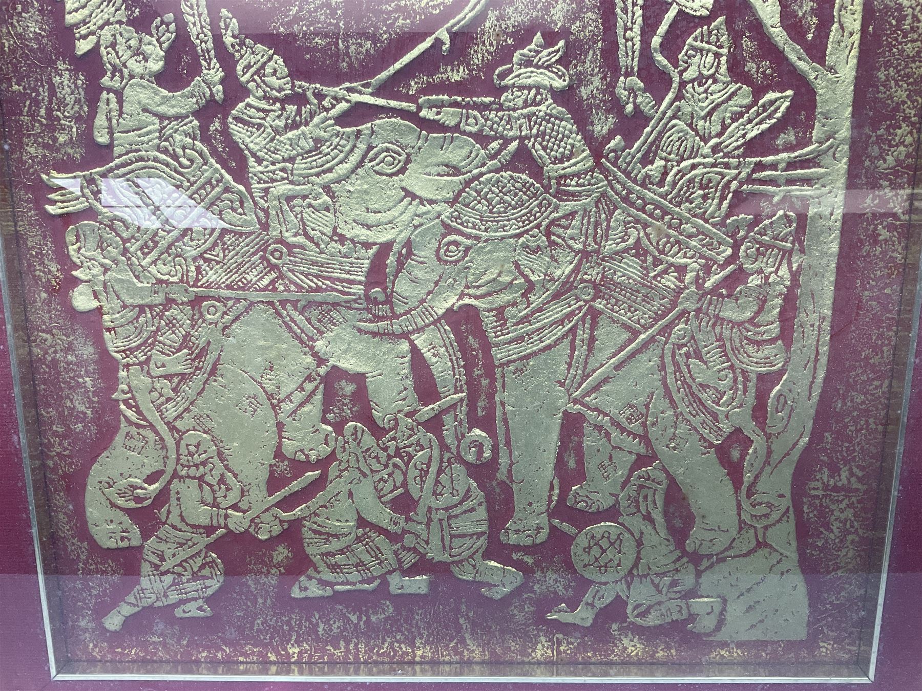 Red and gold textured picture of an Indian procession with elephants 49cm x 47cm