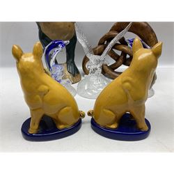 Pair of Staffordshire style pigs, together with a pair of glass dolphins, two other glass ornaments and two wooden sculptures