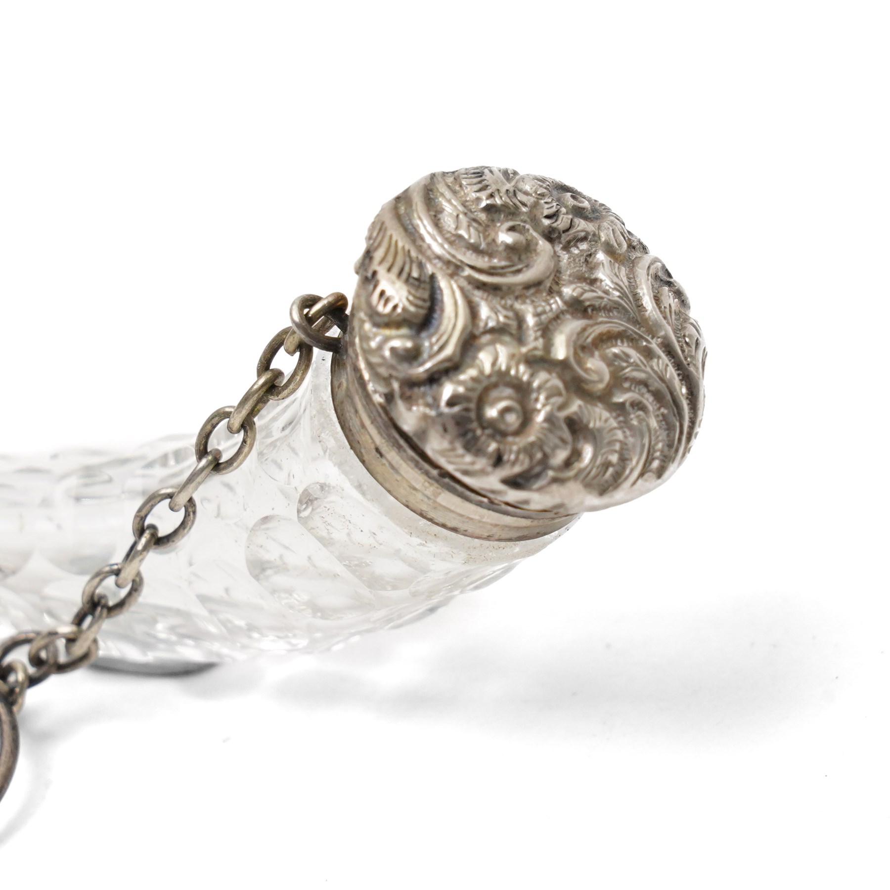 Silver mounted glass cornucopia scent bottle, approx 7cm