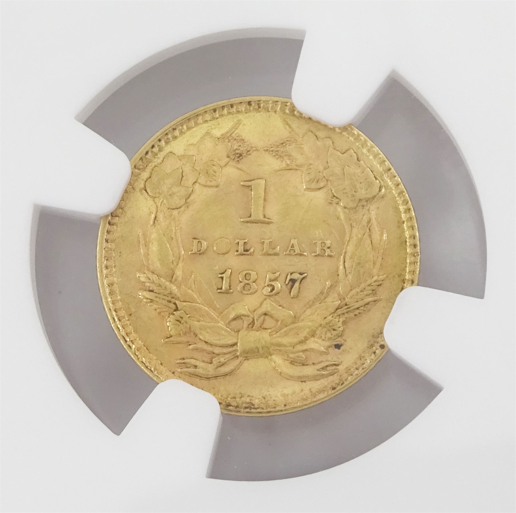 United States of America 1857 gold dollar coin, encapsulated and graded MS60 by NGC